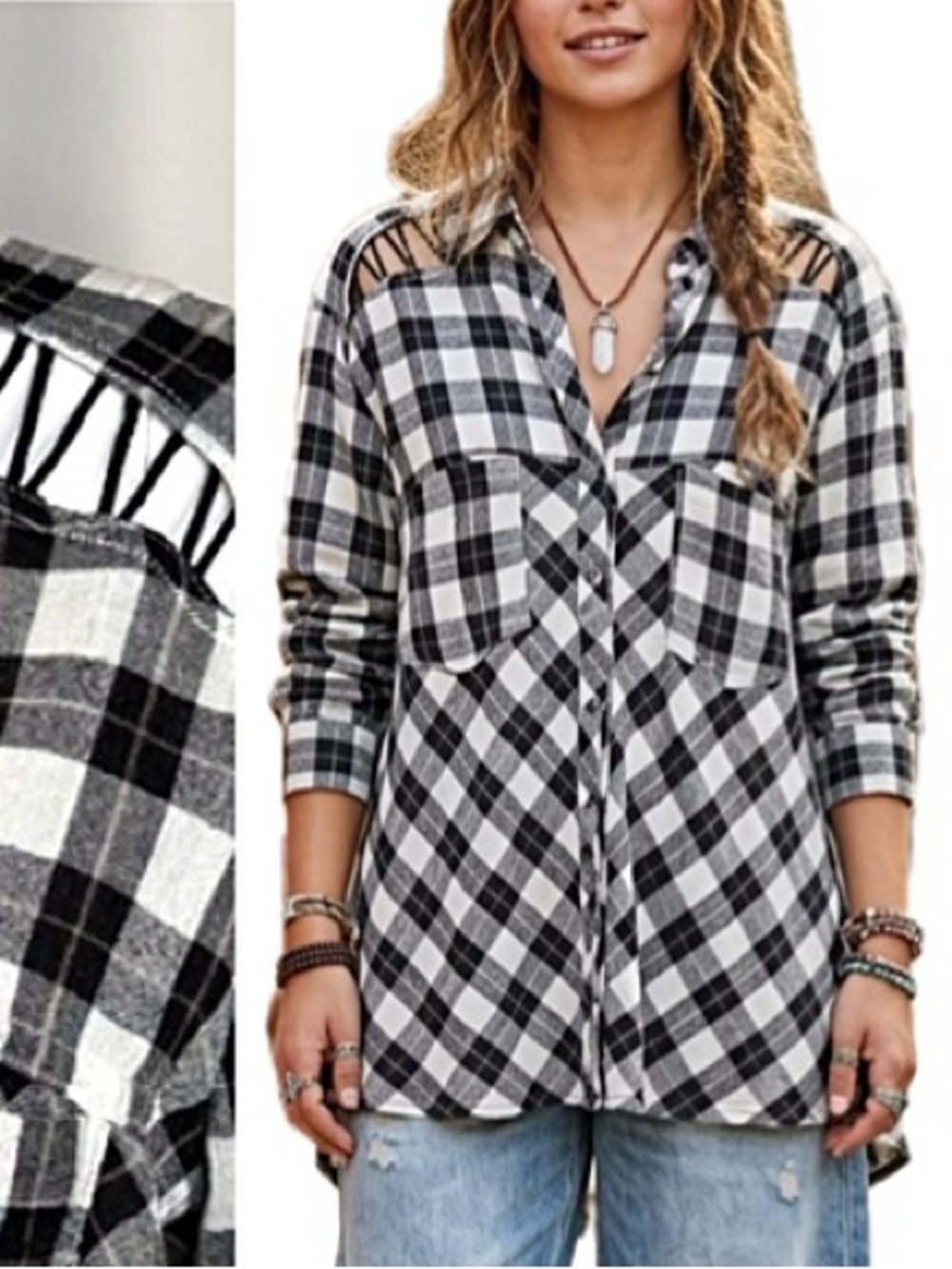 Free People Plaid Gauze Shoulder Lace Up Snap Shirt Women Size Small Long Sleeve